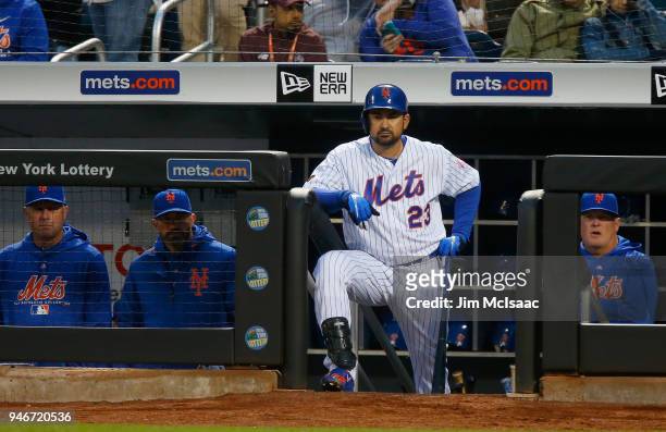 Adrian Gonzalez of the New York Mets in action against the Milwaukee Brewers at Citi Field on April 14, 2018 in the Flushing neighborhood of the...