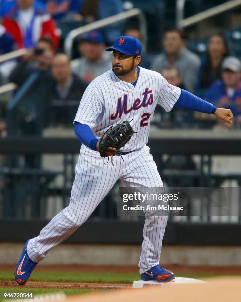 Adrian Gonzalez of the New York Mets in action against the Milwaukee Brewers at Citi Field on April 14, 2018 in the Flushing neighborhood of the...