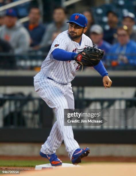 Adrian Gonzalez of the New York Mets in action against the Milwaukee Brewers at Citi Field on April 14, 2018 in the Flushing neighborhood of the...