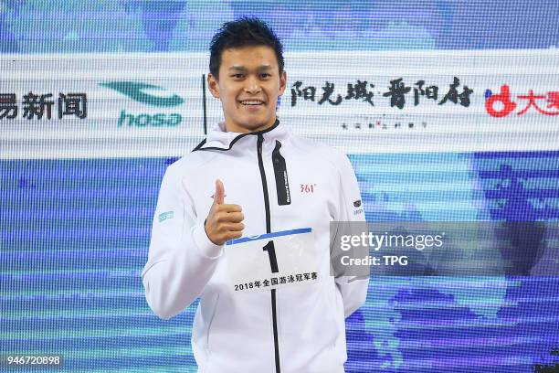 Yang Sun win the gold medal in the men's 400-meter freestyle in 2018 national swimming championship on 15 April 2018 in Taiyuan, Shanxi, China.