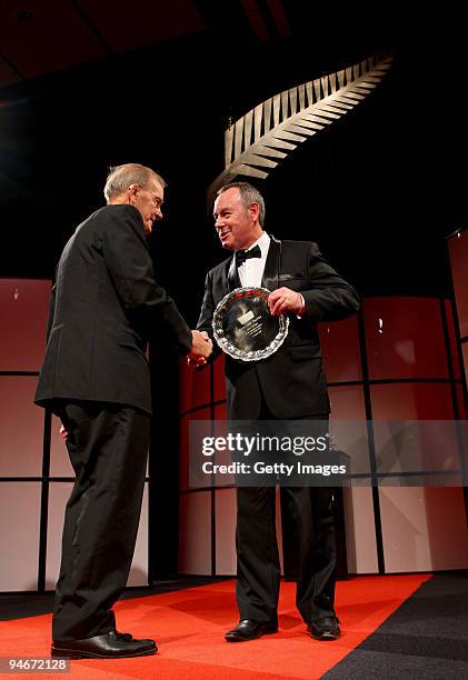 Peter Kean presents DJ Graham with the Steinlager Salver for an Outstanding Contribution to New Zealand Rugby during the 2009 Steinlager New Zealand...