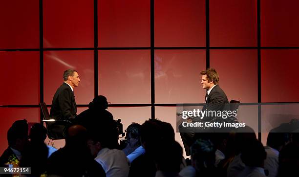 Ian Jones interviews All Black Captain Richie McCaw after winning the Kelvin R. Tremain Memorial Player of the Year trophy during the 2009 Steinlager...