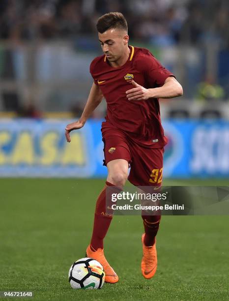 Stephan El Shaarawy of AS Roma in action during the serie A match between SS Lazio and AS Roma at Stadio Olimpico on April 15, 2018 in Rome, Italy.