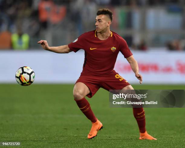 Stephan El Shaarawy of AS Roma in action during the serie A match between SS Lazio and AS Roma at Stadio Olimpico on April 15, 2018 in Rome, Italy.