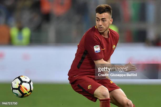 Stephan El Shaarawy of AS Roma in action during the serie A match between SS Lazio and AS Roma at Stadio Olimpico on April 15, 2018 in Rome, Italy.