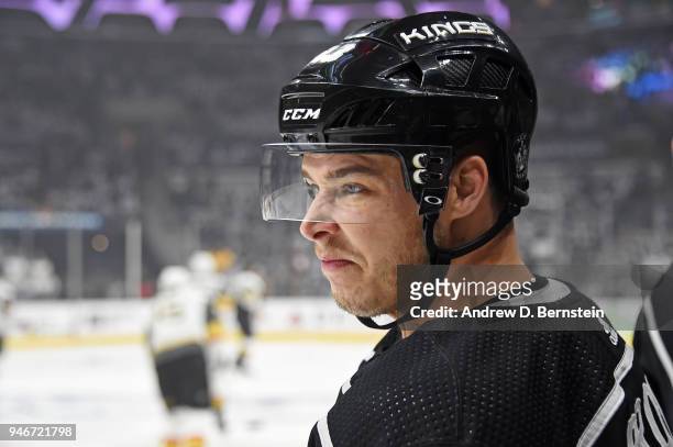Dustin Brown of the Los Angeles Kings looks on before a game against the Vegas Golden Knights in Game Three of the Western Conference First Round...