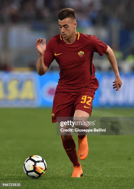 Stephan El Shaarawy of AS Roma in action during the serie A match between SS Lazio and AS Roma at Stadio Olimpico on April 15, 2018 in Rome, Italy.