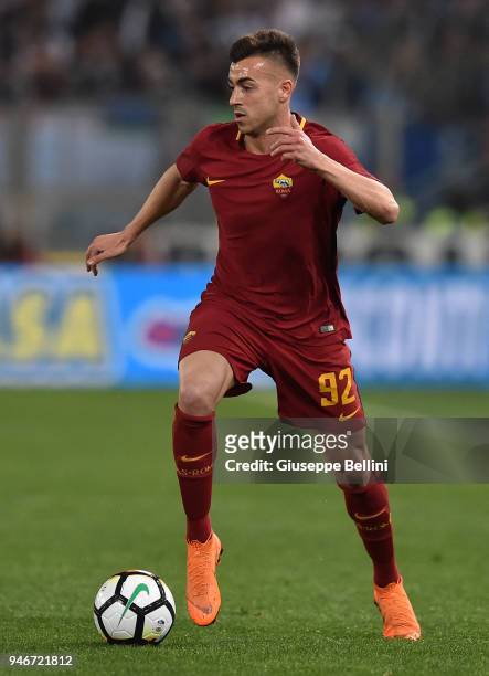 Stephan El Shaarawy of AS Roma in action during the serie A match between SS Lazio and AS Roma at Stadio Olimpico on April 15, 2018 in Rome, Italy.