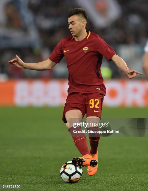 Stephan El Shaarawy of AS Roma in action during the serie A match between SS Lazio and AS Roma at Stadio Olimpico on April 15, 2018 in Rome, Italy.