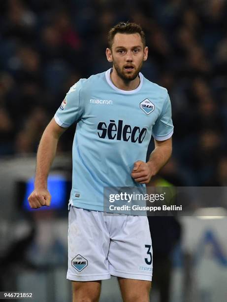 Stefan De Vrij of SS Lazio in action during the serie A match between SS Lazio and AS Roma at Stadio Olimpico on April 15, 2018 in Rome, Italy.