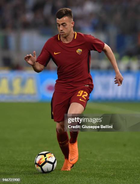 Stephan El Shaarawy of AS Roma in action during the serie A match between SS Lazio and AS Roma at Stadio Olimpico on April 15, 2018 in Rome, Italy.