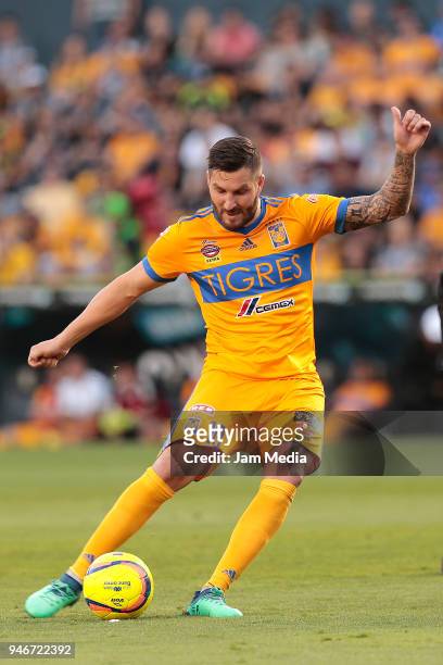 Andre-Pierre Gignac of Tigres kicks the ball during the 15th round match between Tigres UANL and Cruz Azul as part of the Torneo Clausura 2018 Liga...
