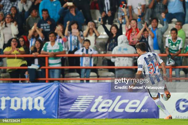 Sebastian Palacios of Pachuca celebrates after scoring the third goal of his team during the 15th round match between Pachuca and Santos Laguna as...