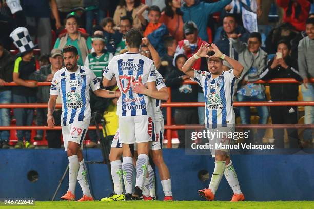 Sebastian Palacios of Pachuca celebrates after scoring the third goal of his team during the 15th round match between Pachuca and Santos Laguna as...