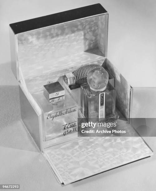 Case containing 'Blue Grass' perfumes by Elizabeth Arden, circa 1950.