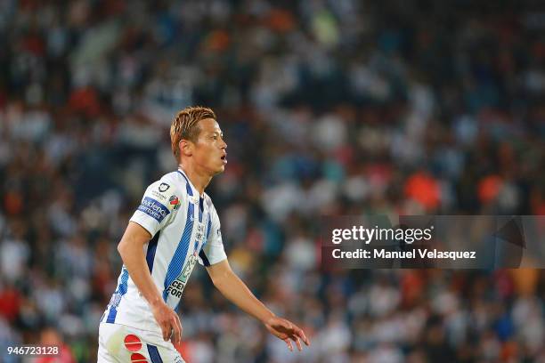 Keisuke Honda of Pachuca looks on during the 15th round match between Pachuca and Santos Laguna as part of the Torneo Clausura 2018 Liga MX at...