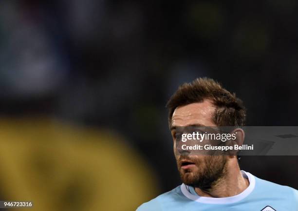Senad Lulic of SS Lazio in action during the serie A match between SS Lazio and AS Roma at Stadio Olimpico on April 15, 2018 in Rome, Italy.