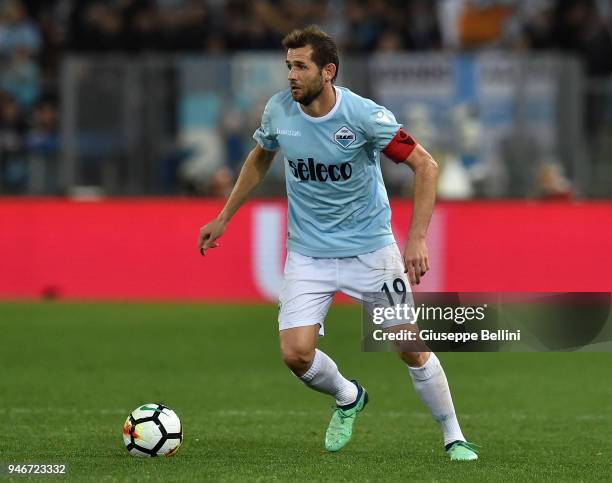 Senad Lulic of SS Lazio in action during the serie A match between SS Lazio and AS Roma at Stadio Olimpico on April 15, 2018 in Rome, Italy.