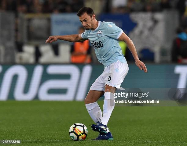 Stefan Radu of SS Lazio in action during the serie A match between SS Lazio and AS Roma at Stadio Olimpico on April 15, 2018 in Rome, Italy.