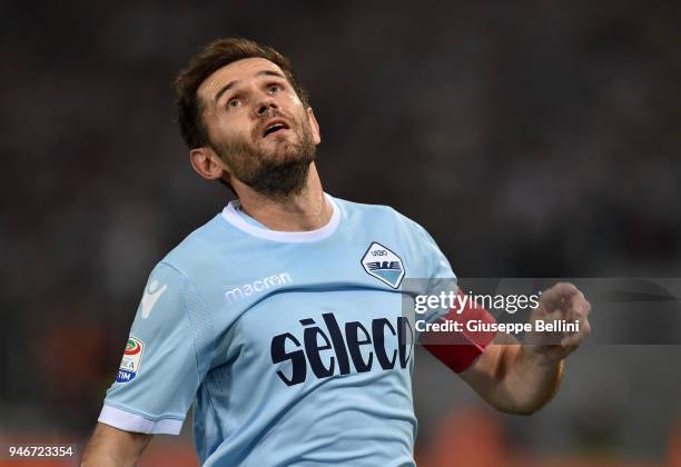 Senad Lulic of SS Lazio in action during the serie A match between SS Lazio and AS Roma at Stadio Olimpico on April 15, 2018 in Rome, Italy.