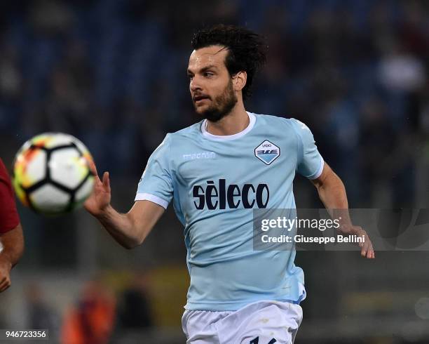 Marco Parolo of SS Lazio in action during the serie A match between SS Lazio and AS Roma at Stadio Olimpico on April 15, 2018 in Rome, Italy.
