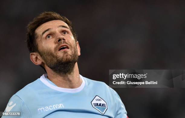 Senad Lulic of SS Lazio in action during the serie A match between SS Lazio and AS Roma at Stadio Olimpico on April 15, 2018 in Rome, Italy.