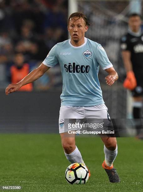 Lucas Leiva of SS Lazio in action during the serie A match between SS Lazio and AS Roma at Stadio Olimpico on April 15, 2018 in Rome, Italy.