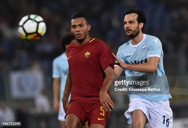 Nunes Juan Jesus of AS Roma and Marco Parolo of SS Lazio in action during the serie A match between SS Lazio and AS Roma at Stadio Olimpico on April...