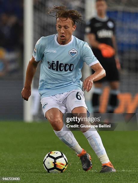 Lucas Leiva of SS Lazio in action during the serie A match between SS Lazio and AS Roma at Stadio Olimpico on April 15, 2018 in Rome, Italy.