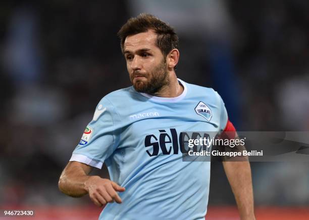 Senad Lulic of SS Lazio in action during the serie A match between SS Lazio and AS Roma at Stadio Olimpico on April 15, 2018 in Rome, Italy.