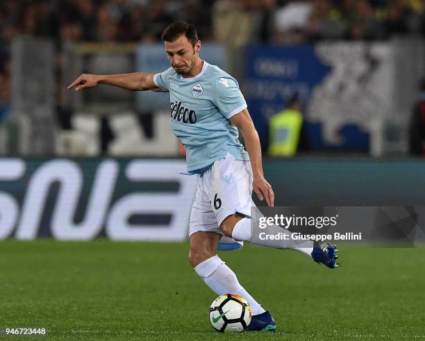 Stefan Radu of SS Lazio in action during the serie A match between SS Lazio and AS Roma at Stadio Olimpico on April 15, 2018 in Rome, Italy.