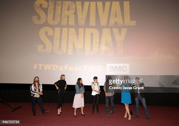 Tom Payne, Jenna Elfman, Alanna Masterson, Maggie Grace, Greg Nicotero, Pollyanna McIntosh and Khary Payton attend AMC Survival Sunday The Walking...