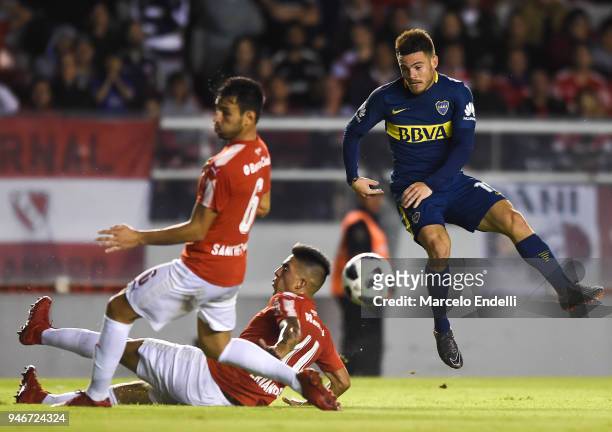 Nahitan Nandez of Boca Juniors kicks the ball during a match between Independiente and Boca Juniors as part of Superliga 2017/18 at Libertadores de...