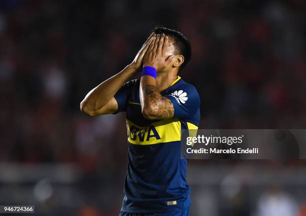 Walter Bou of Boca Juniors reacts during a match between Independiente and Boca Juniors as part of Superliga 2017/18 at Libertadores de America...
