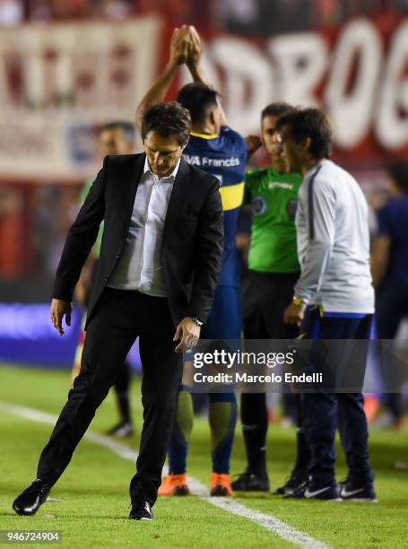 Guillermo Barros Schelotto coach of Boca Juniors looks on during a match between Independiente and Boca Juniors as part of Superliga 2017/18 at...