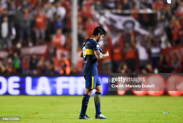 Pablo Perez of Boca Juniors leaves the field after receiving a red card during a match between Independiente and Boca Juniors as part of Superliga...