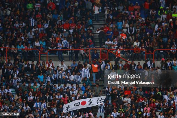 Japanese fans display a banner during the 15th round match between Pachuca and Santos Laguna as part of the Torneo Clausura 2018 Liga MX at Hidalgo...