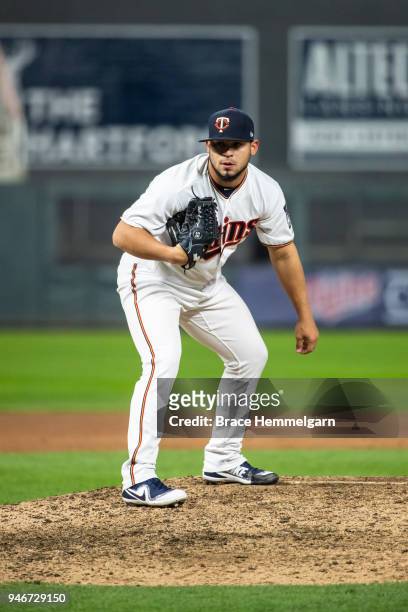 Gabriel Moya of the Minnesota Twins pitches against the Chicago White Sox on April 12, 2018 at Target Field in Minneapolis, Minnesota. The Twins...