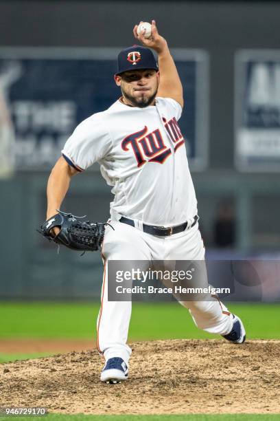 Gabriel Moya of the Minnesota Twins pitches against the Chicago White Sox on April 12, 2018 at Target Field in Minneapolis, Minnesota. The Twins...