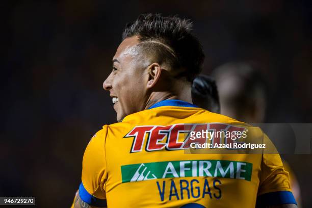 Eduardo Vargas of Tigres celebrates after scoring his team's second goal during the 15th round match between Tigres UANL and Cruz Azul as part of the...