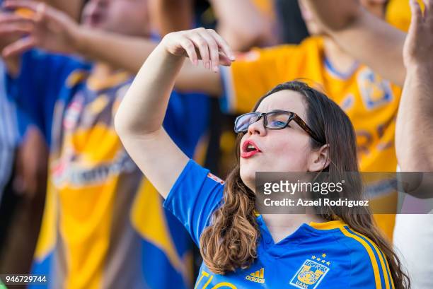 Fan of Tigres cheers for the team during the 15th round match between Tigres UANL and Cruz Azul as part of the Torneo Clausura 2018 Liga MX at...