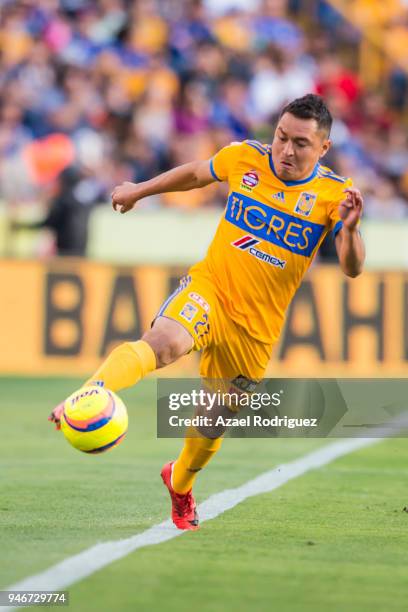 Alberto Acosta of Tigres controls the ball during the 15th round match between Tigres UANL and Cruz Azul as part of the Torneo Clausura 2018 Liga MX...