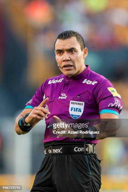 Referee Marco Ortiz in action during the 15th round match between Tigres UANL and Cruz Azul as part of the Torneo Clausura 2018 Liga MX at...