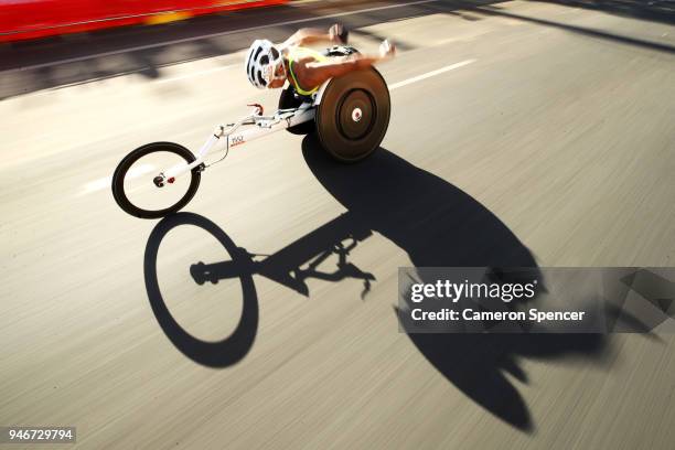 Madison de Rozario of Australia competes during the Men's and Women's T54 marathon on day 11 of the Gold Coast 2018 Commonwealth Games at Southport...