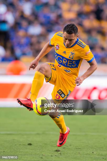 Alberto Acosta of Tigres controls the ball during the 15th round match between Tigres UANL and Cruz Azul as part of the Torneo Clausura 2018 Liga MX...