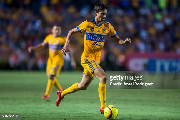 Jurgen Damm of Tigres drives the ball during the 15th round match between Tigres UANL and Cruz Azul as part of the Torneo Clausura 2018 Liga MX at...
