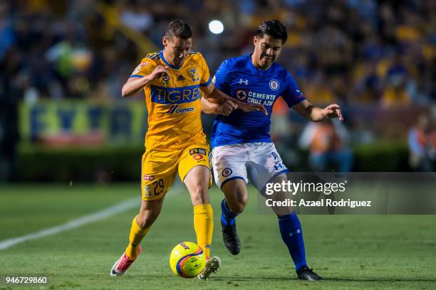 Jesus Duenas of Tigres fights for the ball with Francisco Silva of Cruz Azul during the 15th round match between Tigres UANL and Cruz Azul as part of...