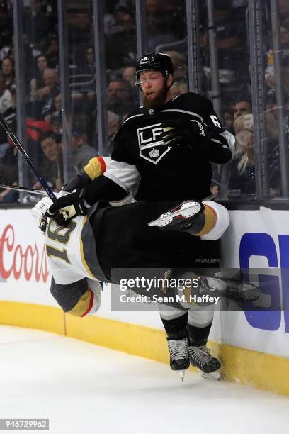 James Neal of the Vegas Golden Knights collides with Jake Muzzin of the Los Angeles Kings during the first period in Game Three of the Western...