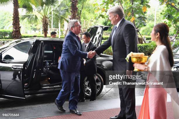 President Thomas Bach is welcomed on arrival during day two of the SportAccord at Centara Grand & Bangkok Convention Centre on April 16, 2018 in...