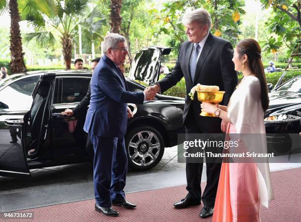 President Thomas Bach is welcomed on arrival during day two of the SportAccord at Centara Grand & Bangkok Convention Centre on April 16, 2018 in...